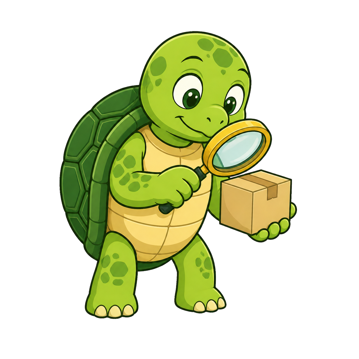 Cartoon schildpad die een pakket controleert met een vergrootglas